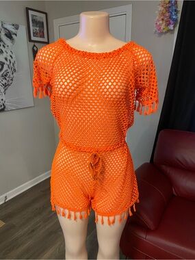 Bright Orange Crochet Two-Piece Beach Set swim suit coverup romper Jordan medium